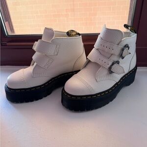 Dr. Martens Devon White Leather Platform Flower Buckle Boots